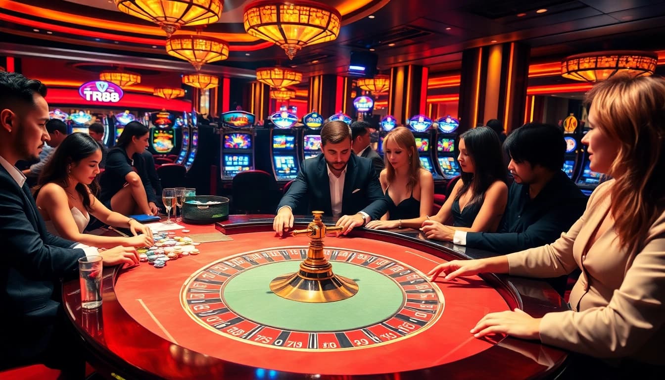 TR88 players strategizing at a high-end casino gaming table with chips and cards.