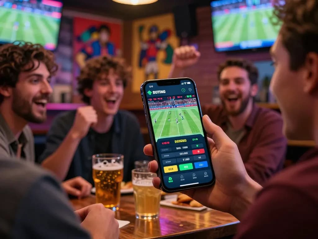 Friends using 99ok app for live sports betting while enjoying drinks at a bar.