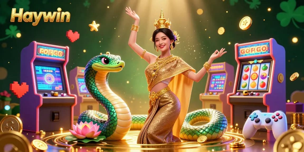 Engage with Haywin's vibrant gaming universe featuring a Thai dancer and Naga serpent.