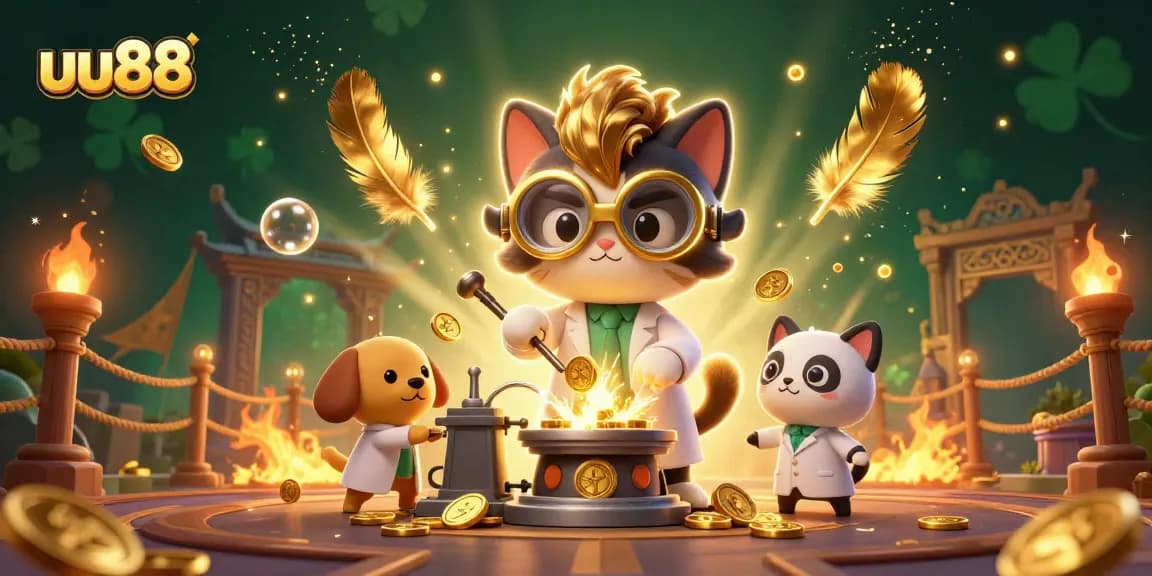 Engage with uu88's dynamic gaming world featuring cats, dogs, and golden casino elements.