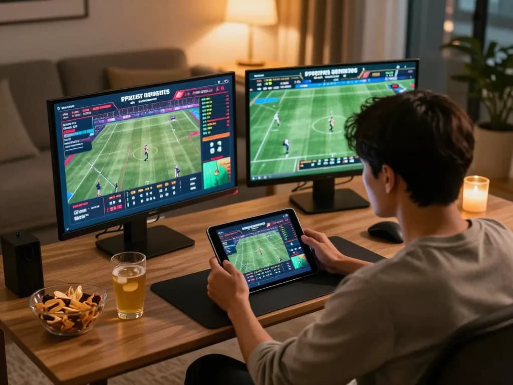 Taisunwin enhances your sports betting experience with an engaging home gaming setup featuring tablet and dual screens.