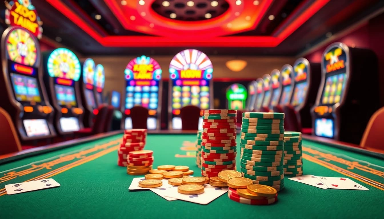 Xocdia88 vibrant online casino atmosphere with xóc đĩa table and colorful poker chips.