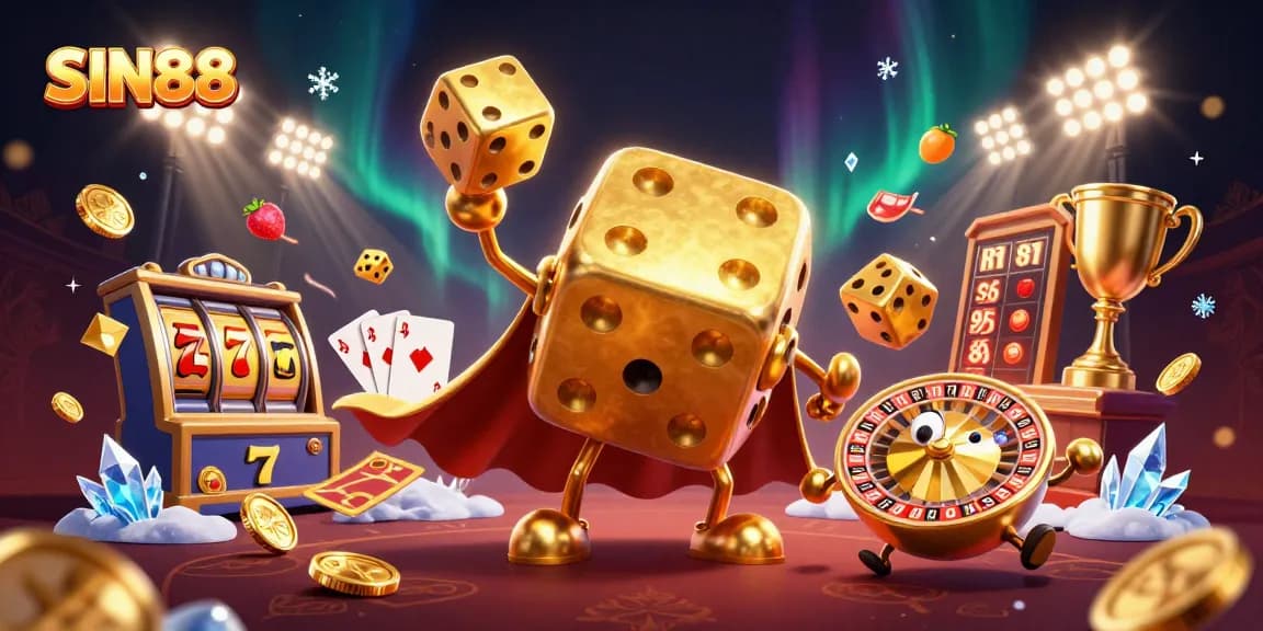 Experience the thrill of SIN88 with vibrant golden dice, slot reels, and rich casino elements.
