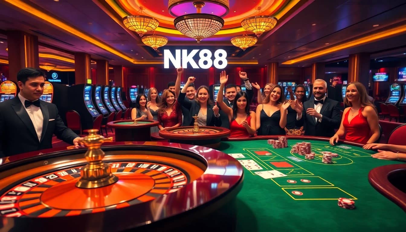 NK88 casino scene featuring players enjoying roulette and poker games with vibrant energy.