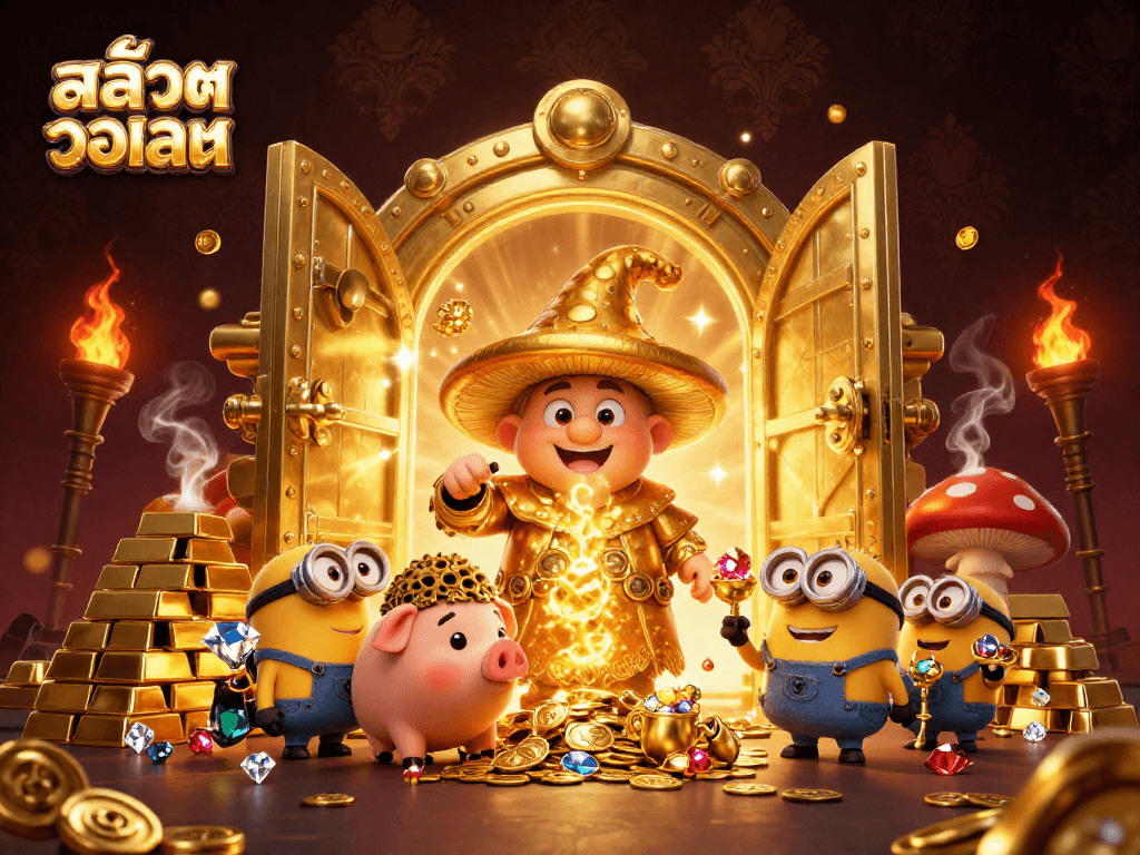 Immerse in สล็อตวอเลท magic with a golden mushroom wizard and treasure amidst the casino
