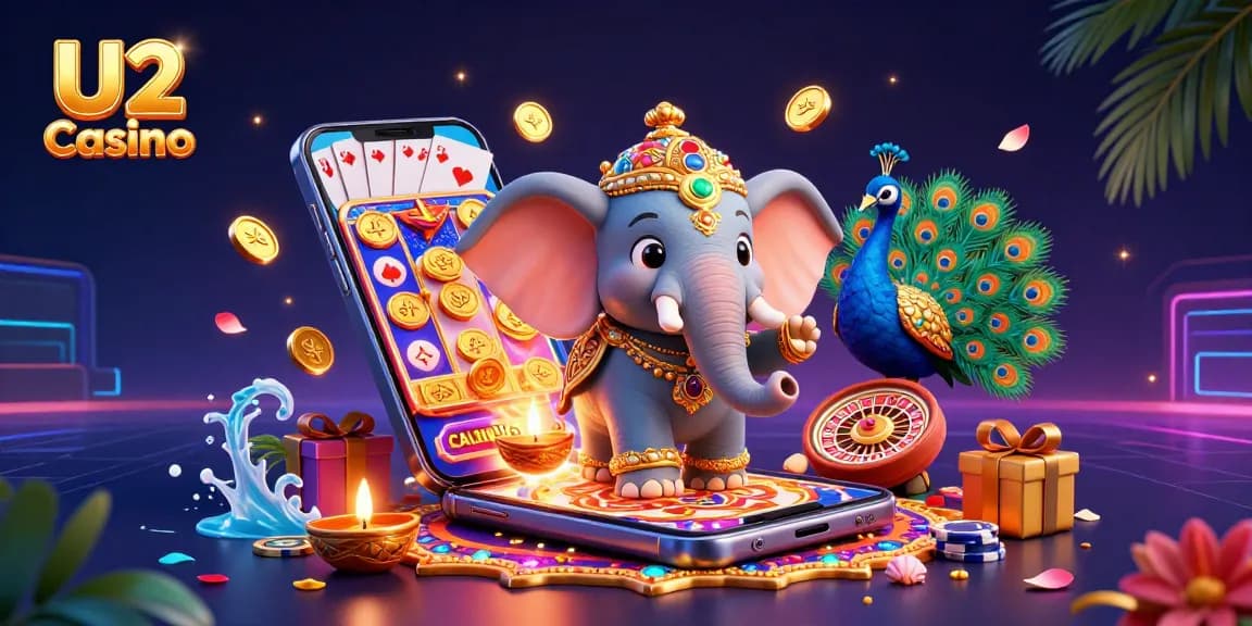 Engage with U2 Casino's vibrant 3D scene, showcasing dynamic slot play and festive elements.