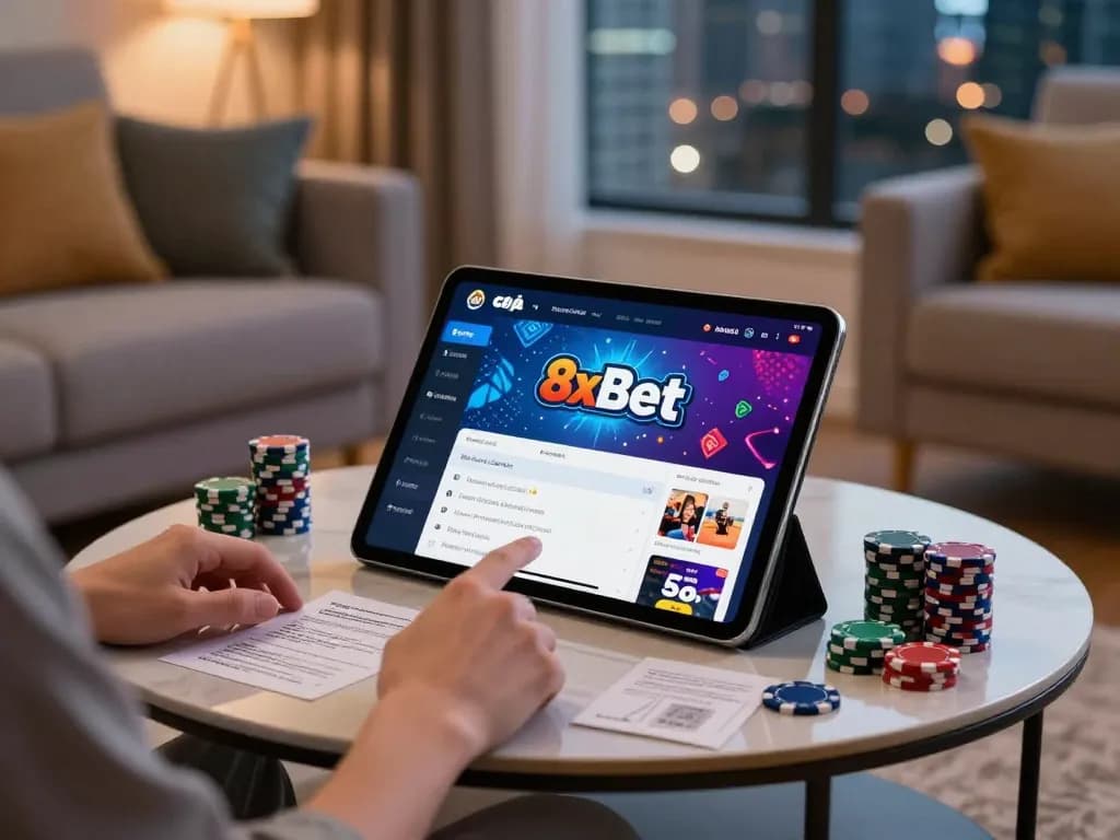 Engage with the nhà cái 8xbet platform on a tablet amidst warm home ambiance and poker strategies.