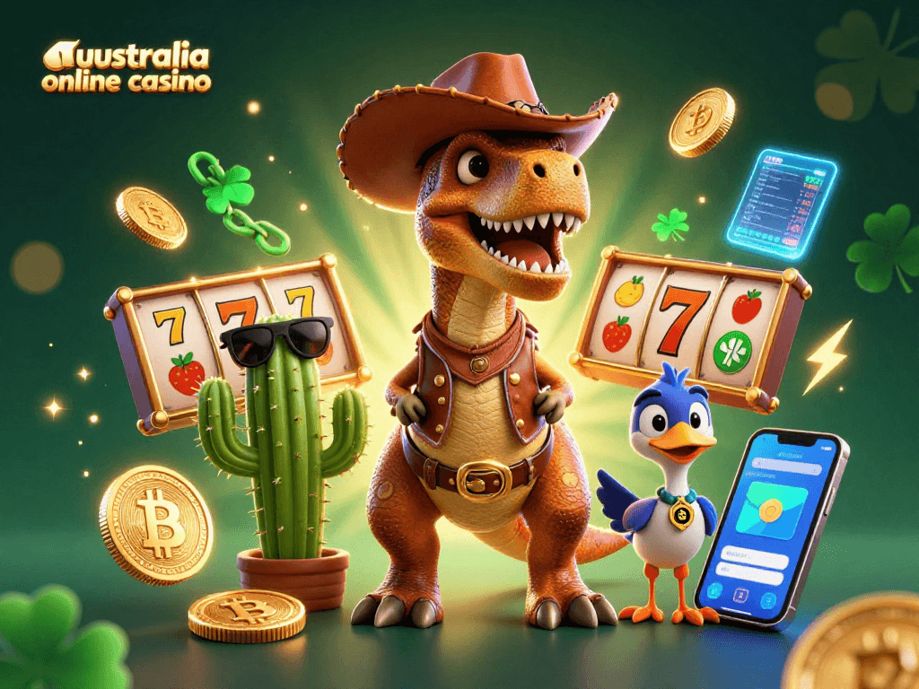 Engage in thrilling gameplay at australia online casino with slot reels and vibrant characters.