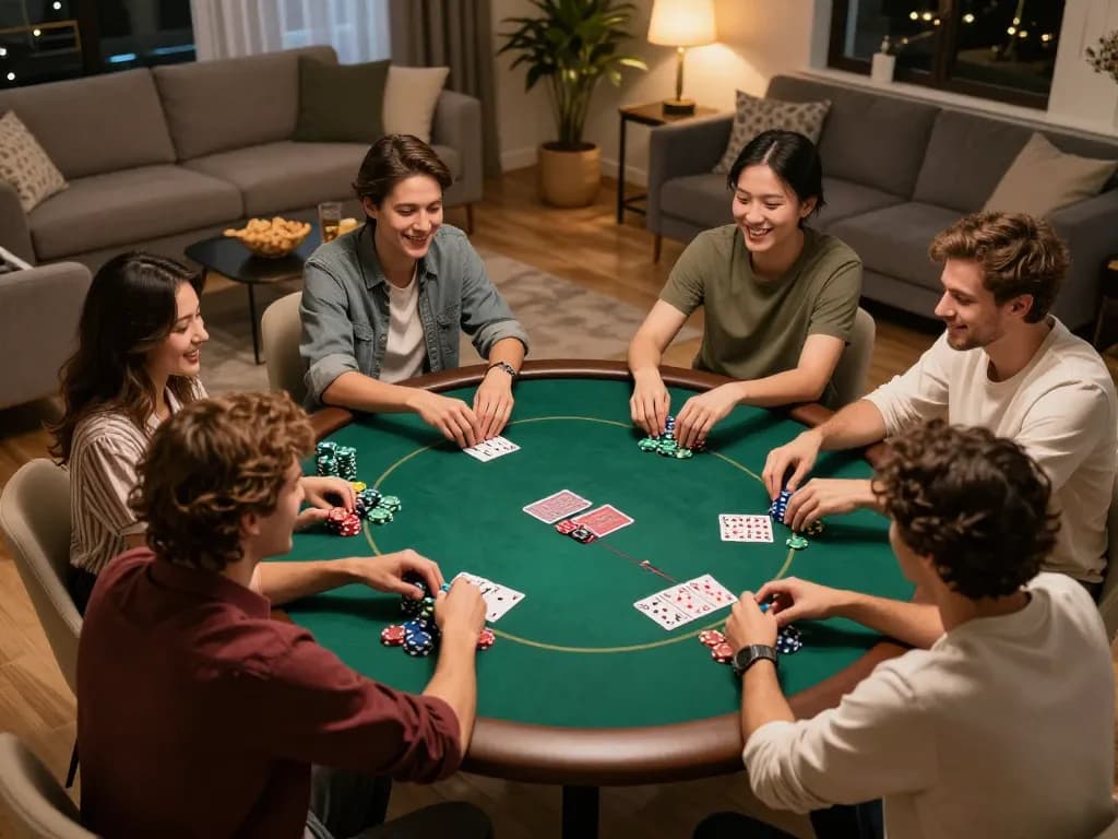Phtaya players engaging in a home poker game night, showcasing strategy and camaraderie.