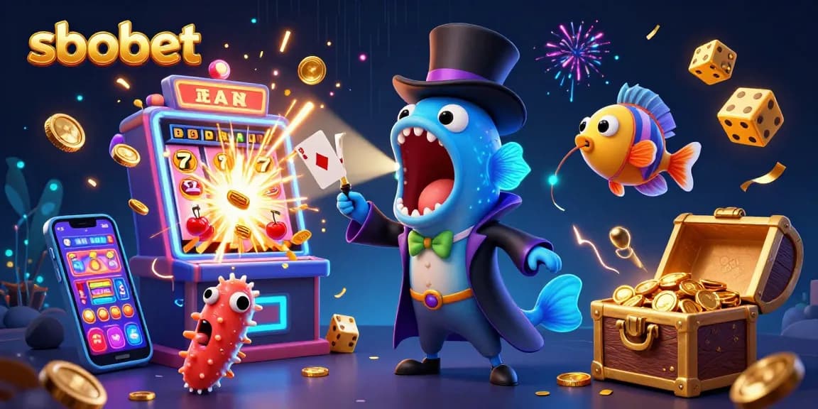 Engage with sbobet in a vibrant casino scene featuring animated gambling characters and dynamic game elements.