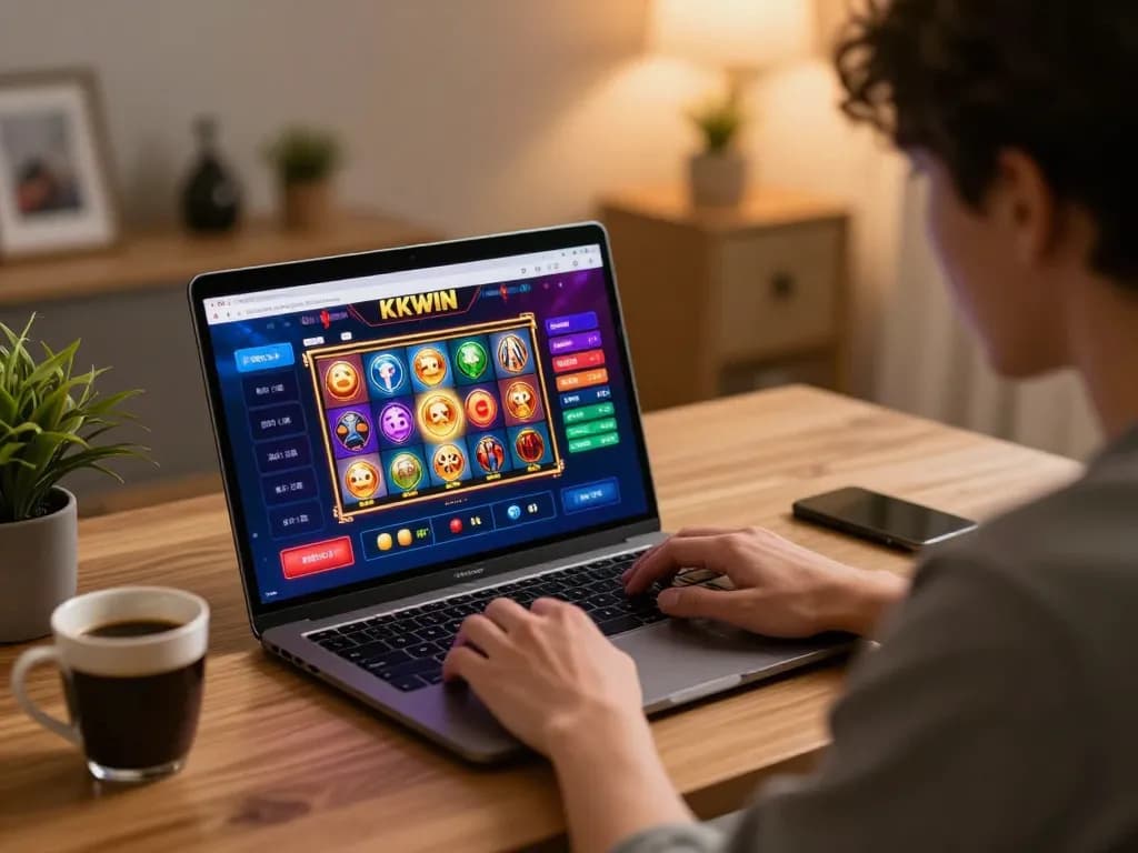 Player engaging in online gambling with KKWIN on laptop at home