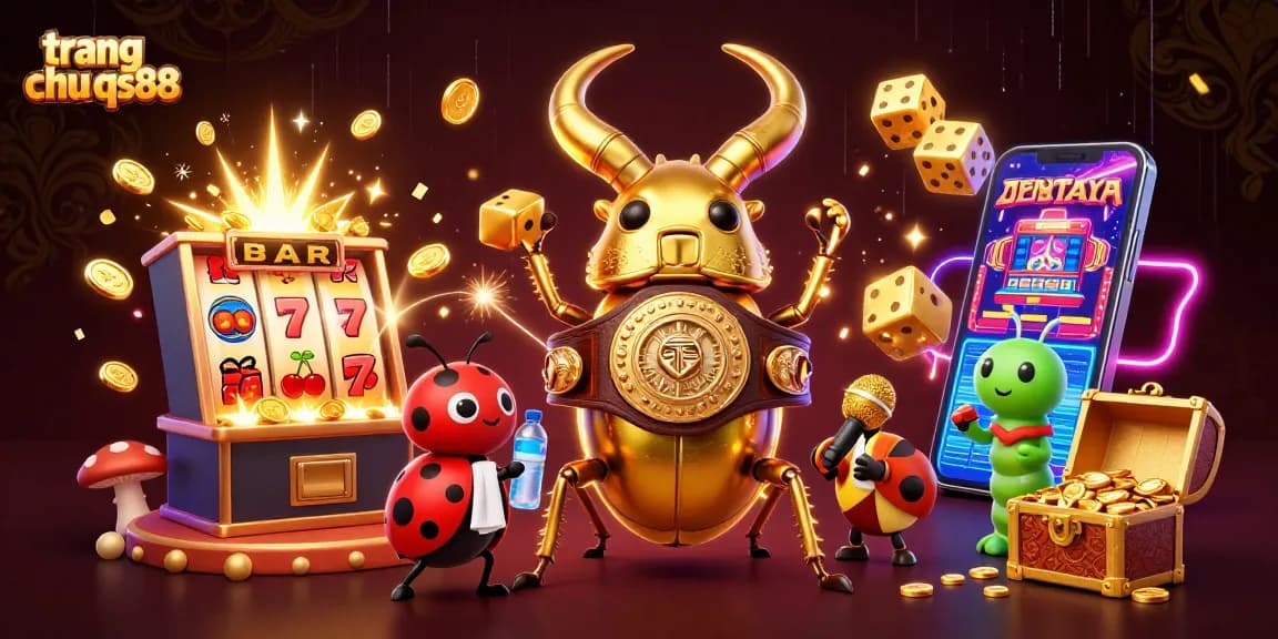 Engage with the exciting visuals of trang chu qs88 as a golden stag beetle faces off in a vibrant casino atmosphere.