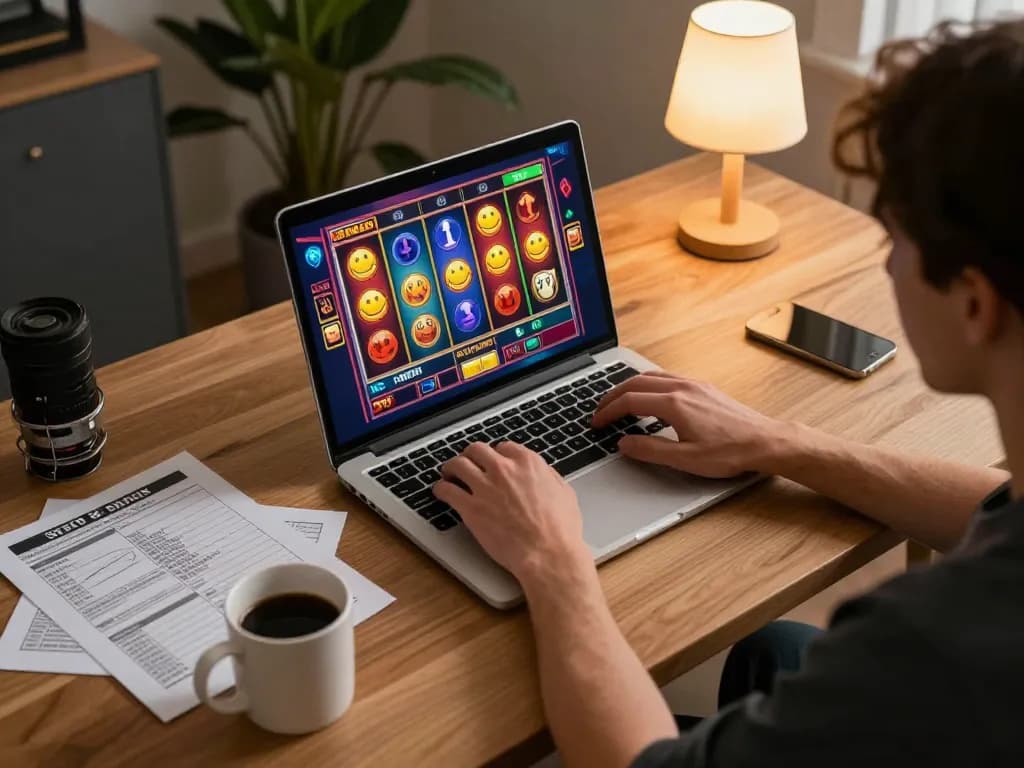 Pemain yang terlibat menikmati permainan slot di laptop dalam suasana yang nyaman, menyoroti pengalaman Situs Judi Online.
