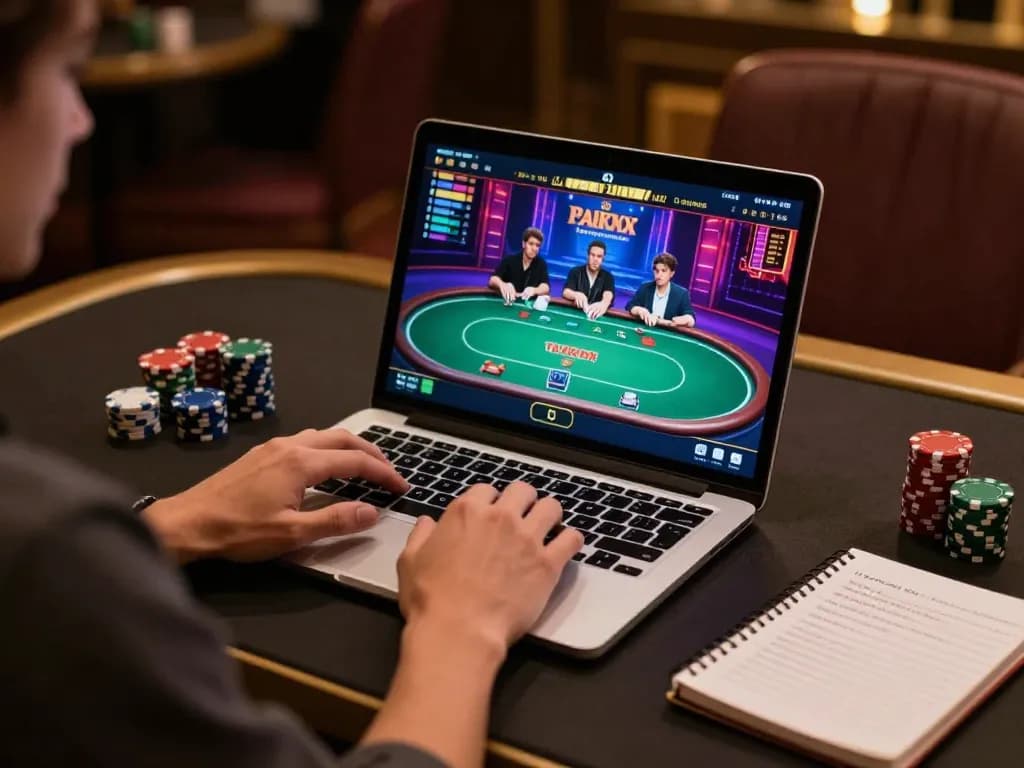 Player engaging in online poker at okwin, using laptop with vibrant graphics in a stylish setting