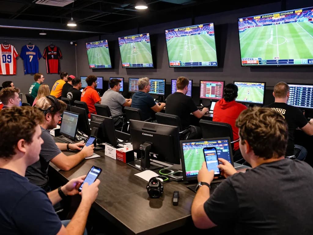 Fans eagerly placing bets using the god55 sports app during a live sports event, showcasing the excitement of sports betting.