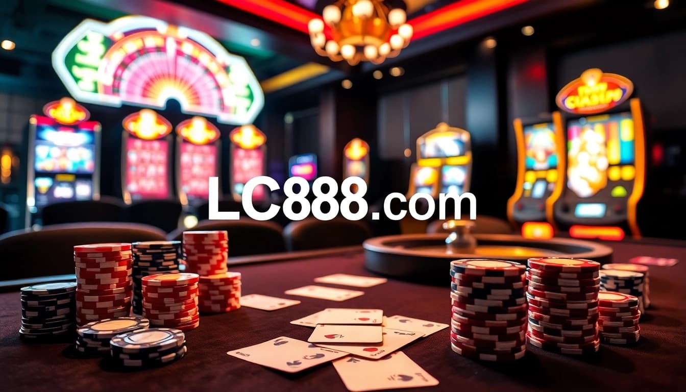 Engaging scene of high-stakes poker at LC88 Com, featuring chips, cards, and a roulette wheel.