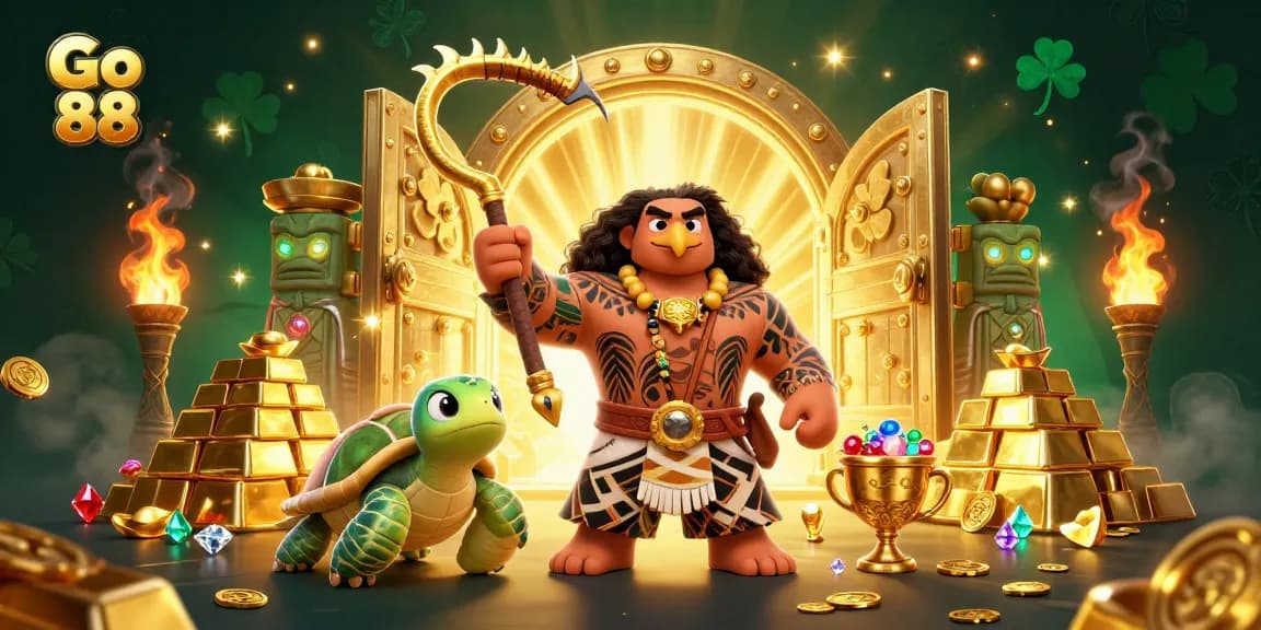 Spin the reels and win big with Go 88's vibrant casino adventure featuring demigod and treasures.