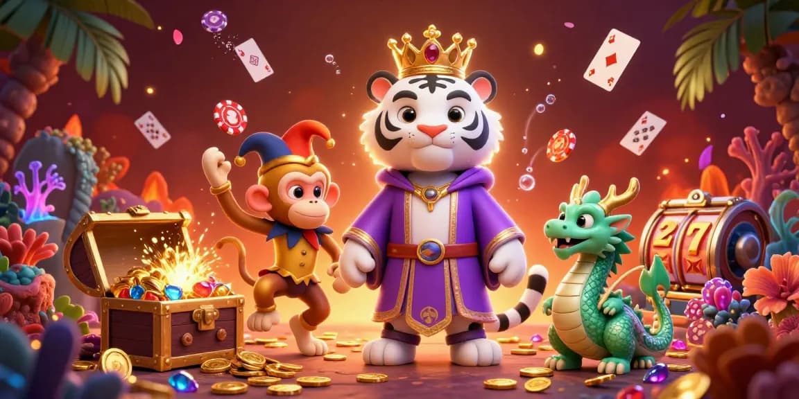 Tikus4D platform illustration featuring a royal tiger, monkey juggling poker chips, and a jade dragon in a vibrant casino scene.