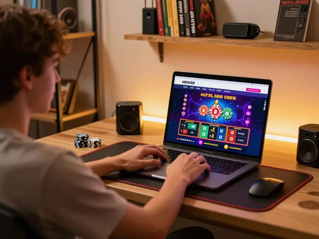 Navigating the NK88 online casino platform on a laptop during a gaming session