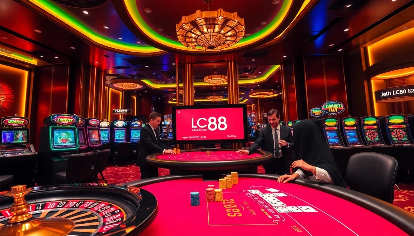 Engaging atmosphere at LC88 casino showcasing poker players, roulette, and slots for thrilling entertainment.