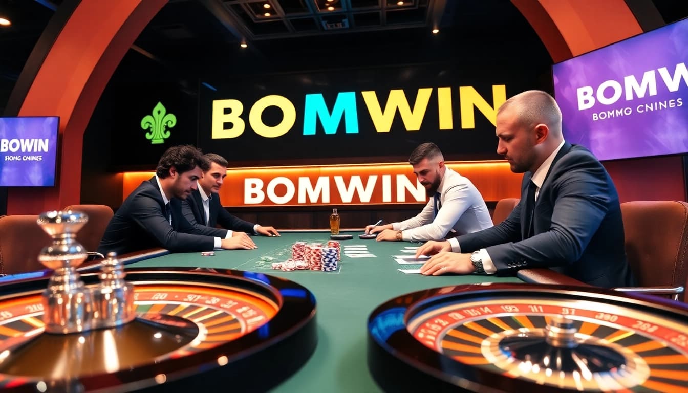 BOMWIN showcases high-stakes poker excitement with vibrant chips and professional players.