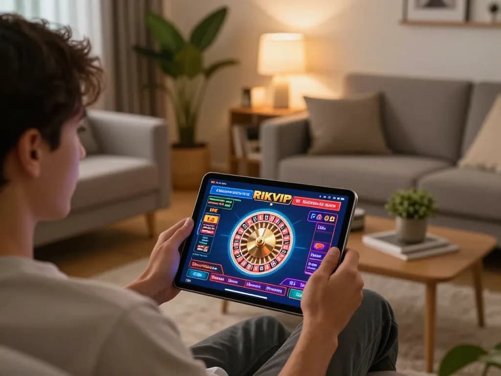 Engaging in RIKVIP online casino gaming while enjoying a cozy home environment.