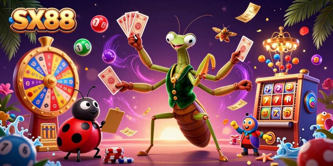 SX88 engaging scene with a giant praying mantis card sharp and ladybug pit boss amidst dynamic casino game elements.