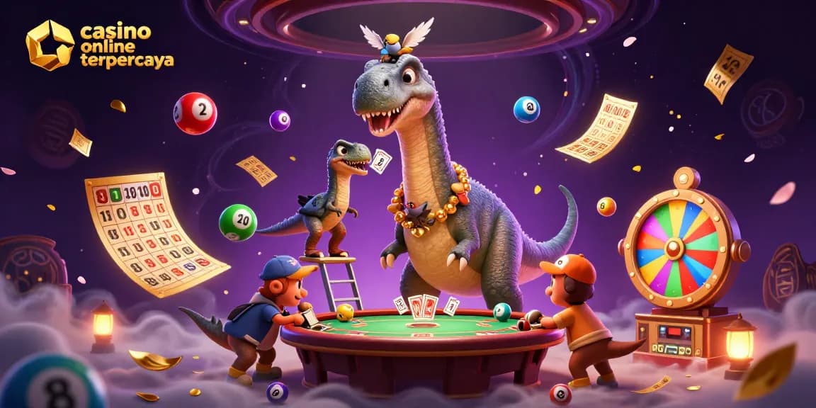 Experience vibrant gaming action with casino online terpercaya in this colorful 3D scene featuring unique dino dealers.