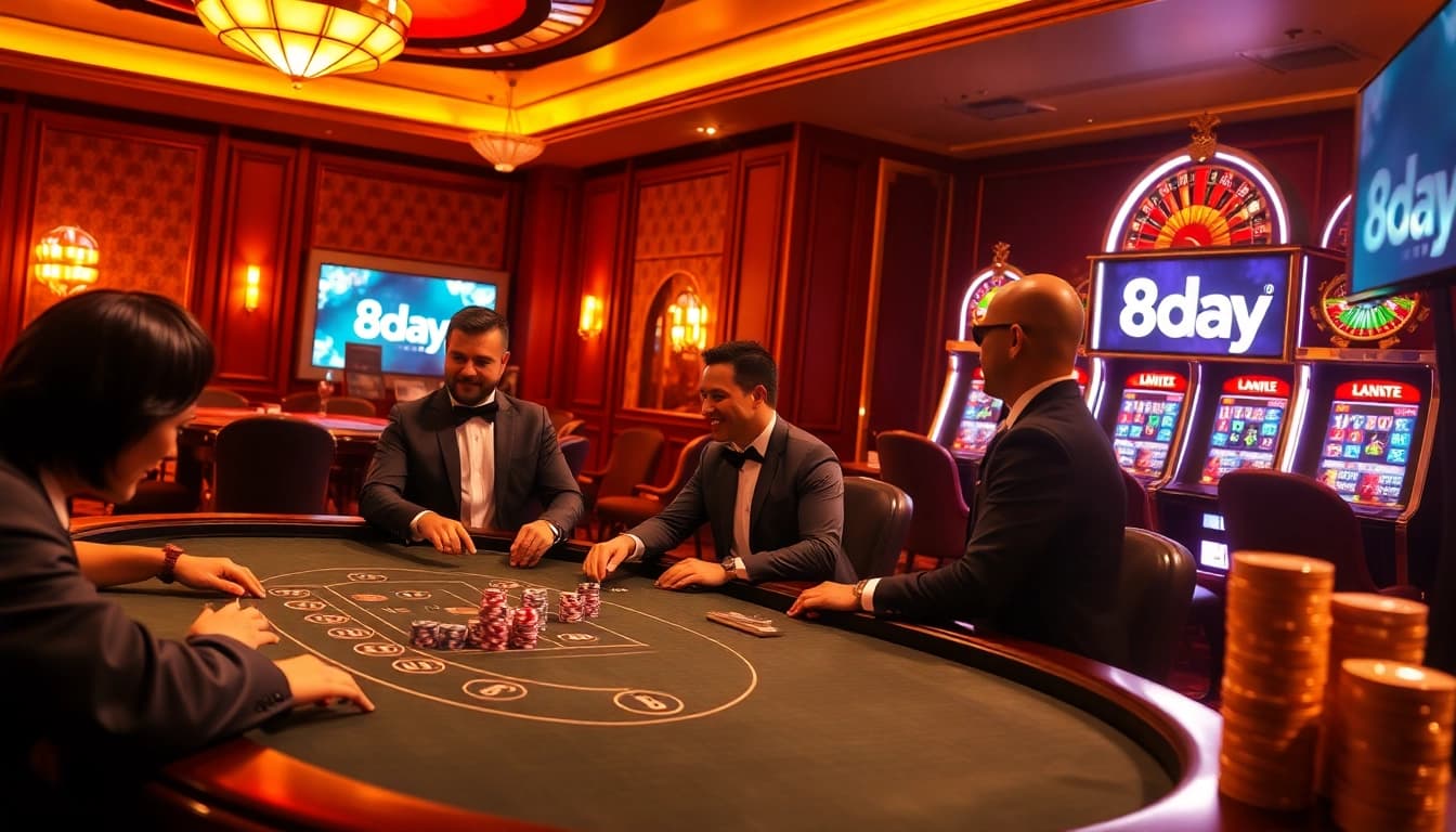 Witness the thrill of 8day's casino action at a luxurious poker table.