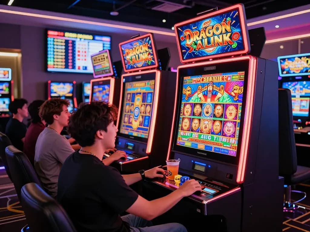 Pemain yang bersemangat merayakan kemenangan di mesin link slot di lounge kasino yang ramai.
