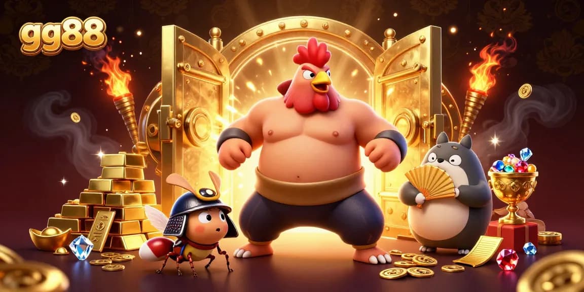 Engage with the thrilling games at gg88, illustrated with a dynamic casino scene full of treasures and action.