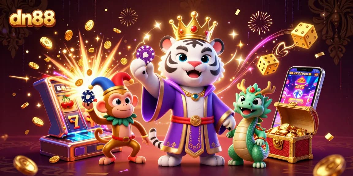 Experience thrilling gameplay at dn88 with a vibrant scene of animated casino elements and characters.