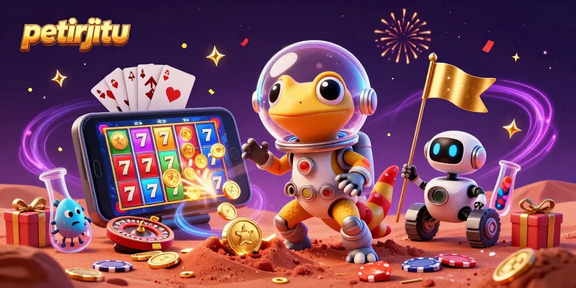 Pemain petirjitu bermain di kasino emas dengan smartphone menunjukkan slot yang memutar reel.