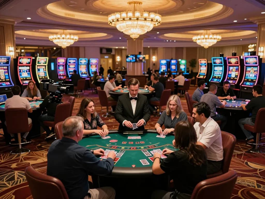 A dynamic scene showcasing players enjoying blackjack and engaging in casino excitement, highlighting 5679 gaming tables and vibrant atmosphere
