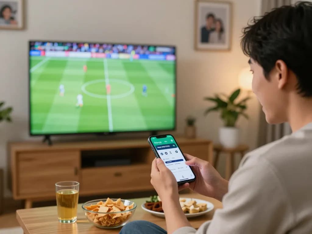 Engaged bettor analyzing Tỷ Lệ Bóng Đá odds on smartphone while watching football match live