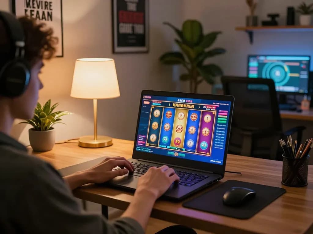 Person engaged in bk8 online casino gaming at home with vibrant game screen