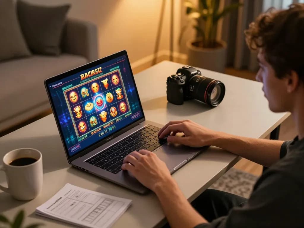 Engaged player on situs slot gacor using laptop for online slot gaming with strategy notes.