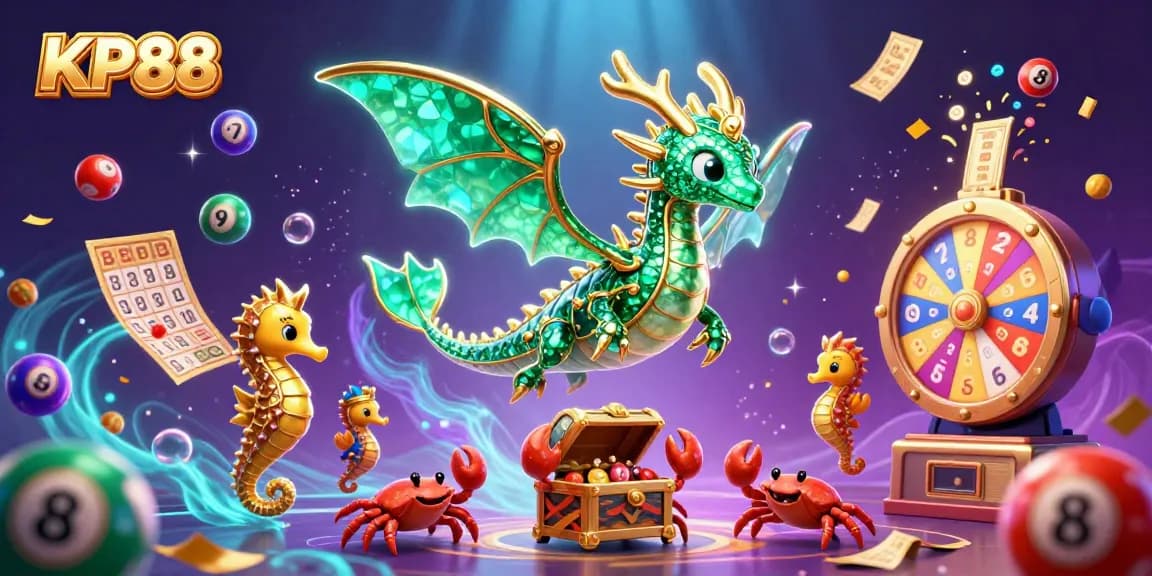 Engage in thrilling gameplay with KP88's vibrant 3D illustration featuring lottery elements and exciting characters.