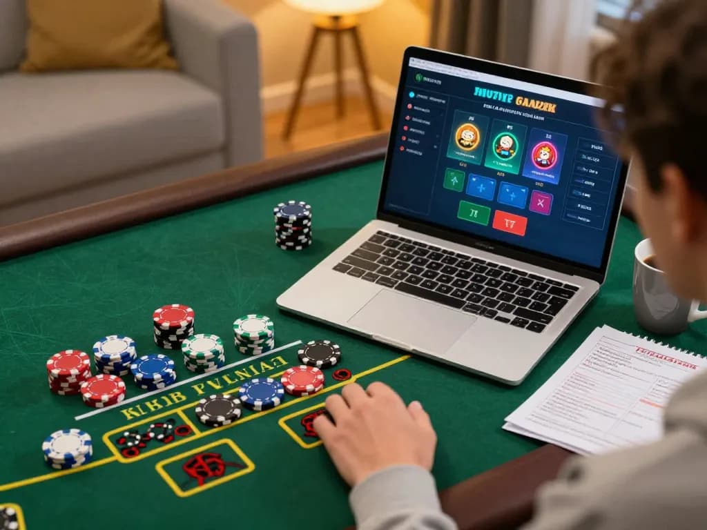 Engaging in strategic gameplay on okfun's online casino app with colorful chips and warm ambient lighting.