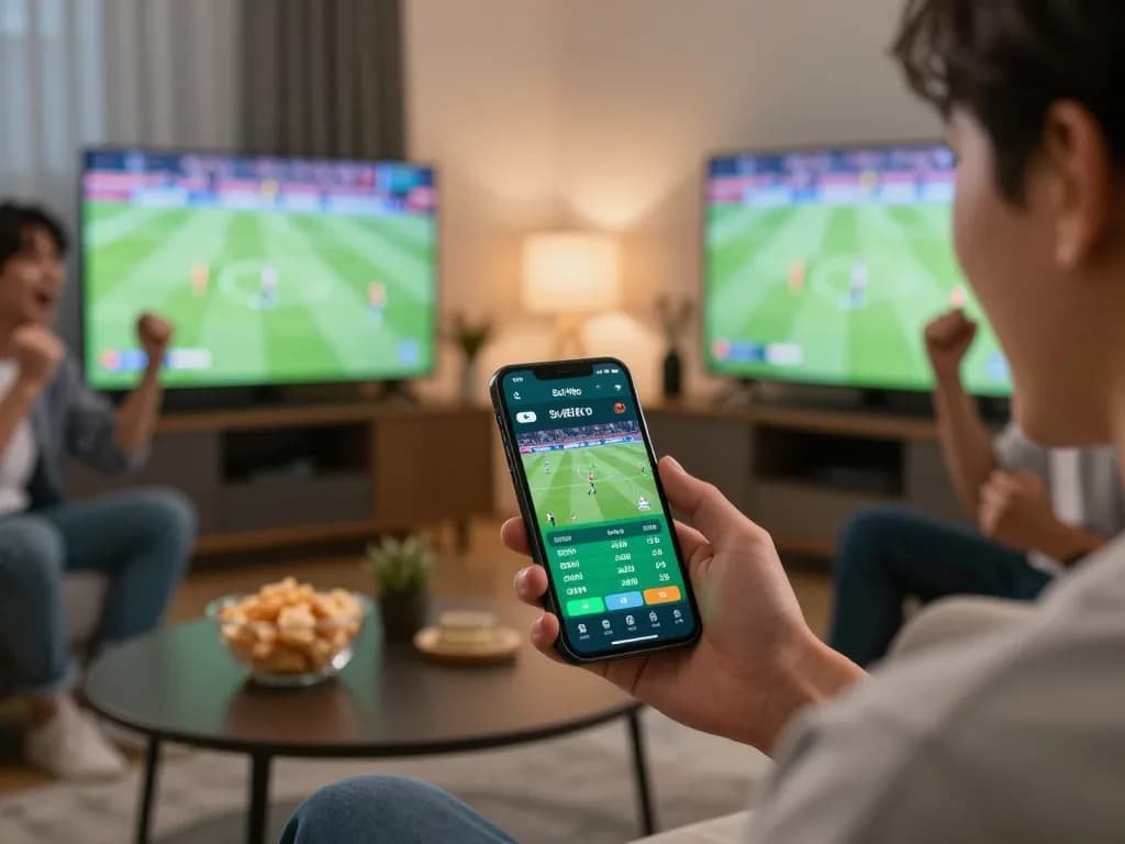 Soi Kèo mobile app in action, as a sports betting enthusiast analyzes live odds during a game