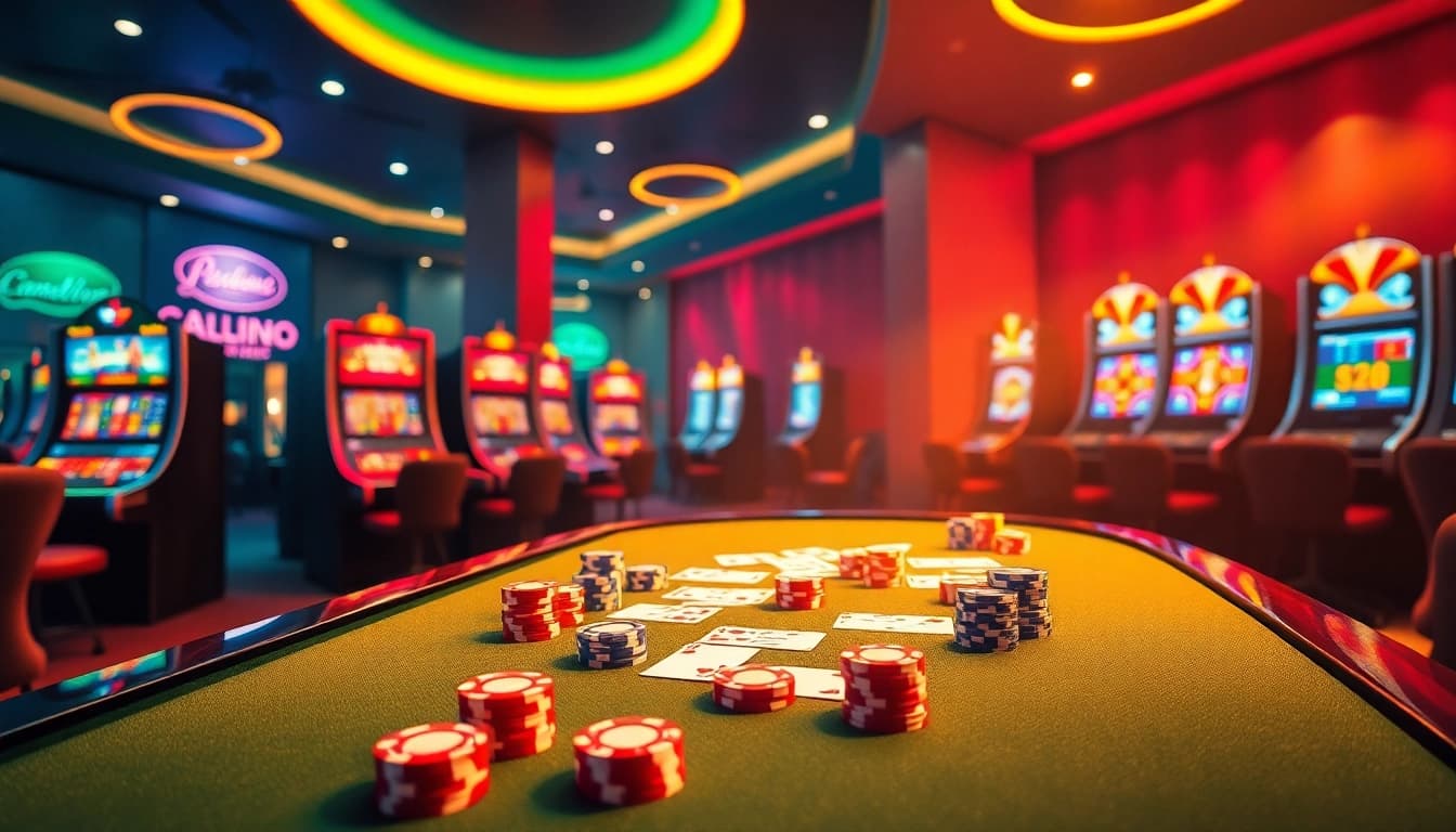 Players enjoying the vibrant ambiance of nhà cái nohu90 with casino tables, cards, and slot machines in action.