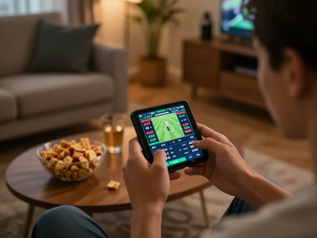 Soi Kèo sports betting enthusiast analyze odds on smartphone while enjoying a match at home