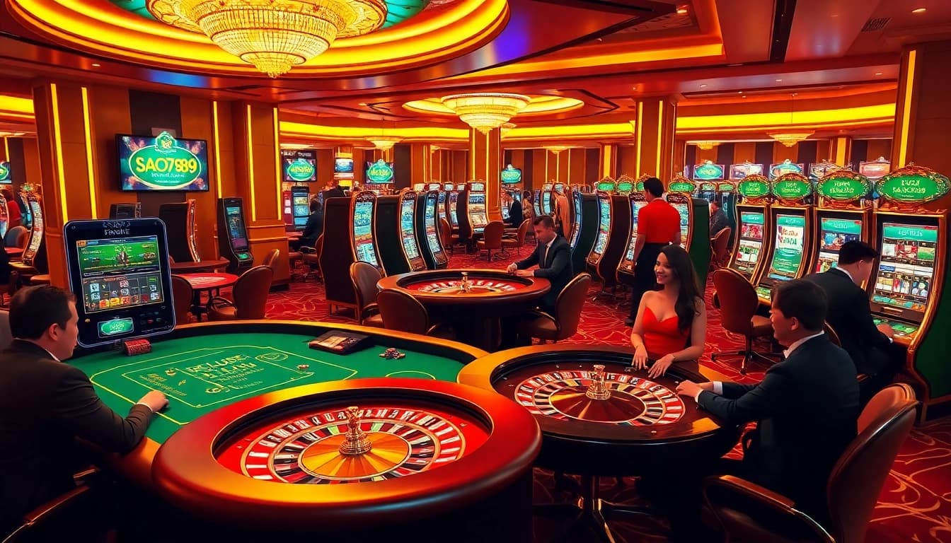 Sao789 showcases thrilling casino fun with poker tables, roulette wheels, and slot machines in an engaging atmosphere.