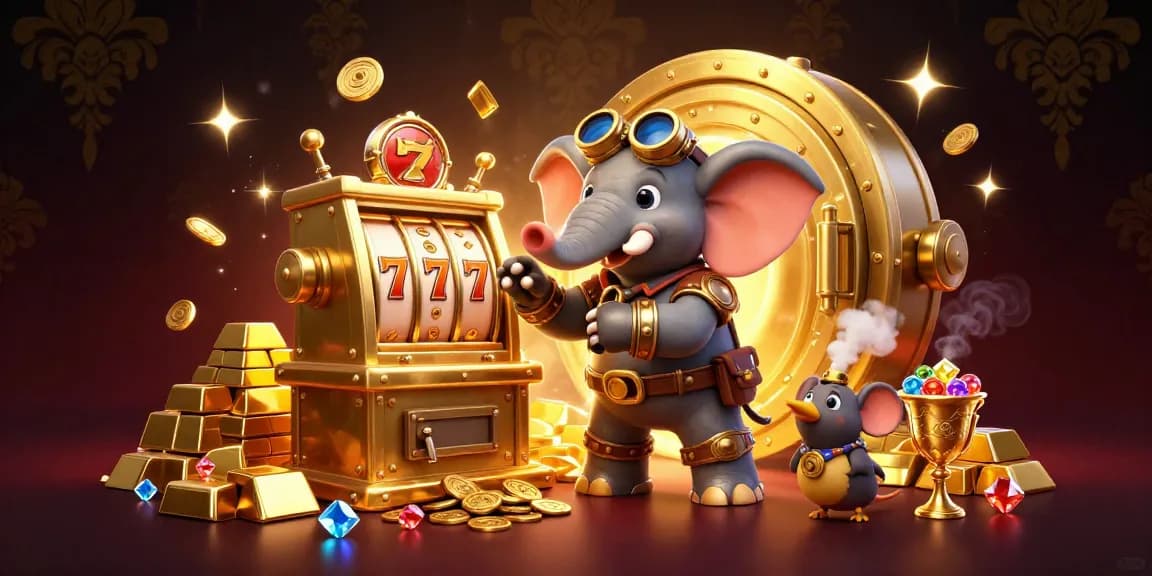 Experience winning thrills at QS88 with this vibrant steampunk casino illustration filled with gold and gems.