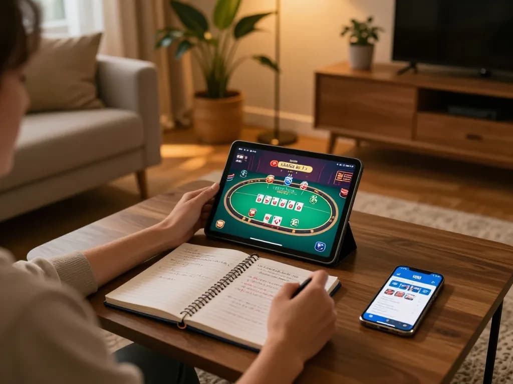 Engaging in online casino gaming on tg88 app using a tablet at home, showcasing strategic gameplay.