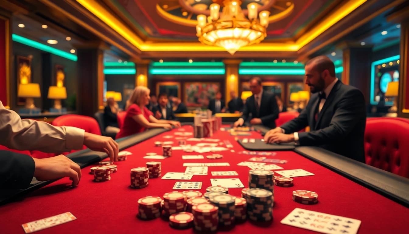 Engage with 88I poker chips and cards in a luxurious casino setting, highlighting thrilling gaming experiences.