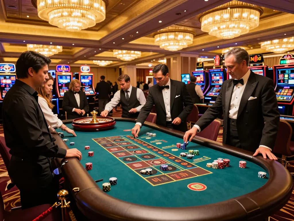 Players gamble at a roulette table in a luxury Vegas casino, highlighting MM88's thrilling atmosphere