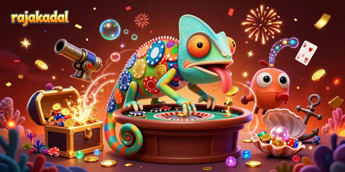 Rasakan keseruan bermain di rajakadal dengan pemilik kasino chameleon yang berwarna-warni, menangkap koin emas.