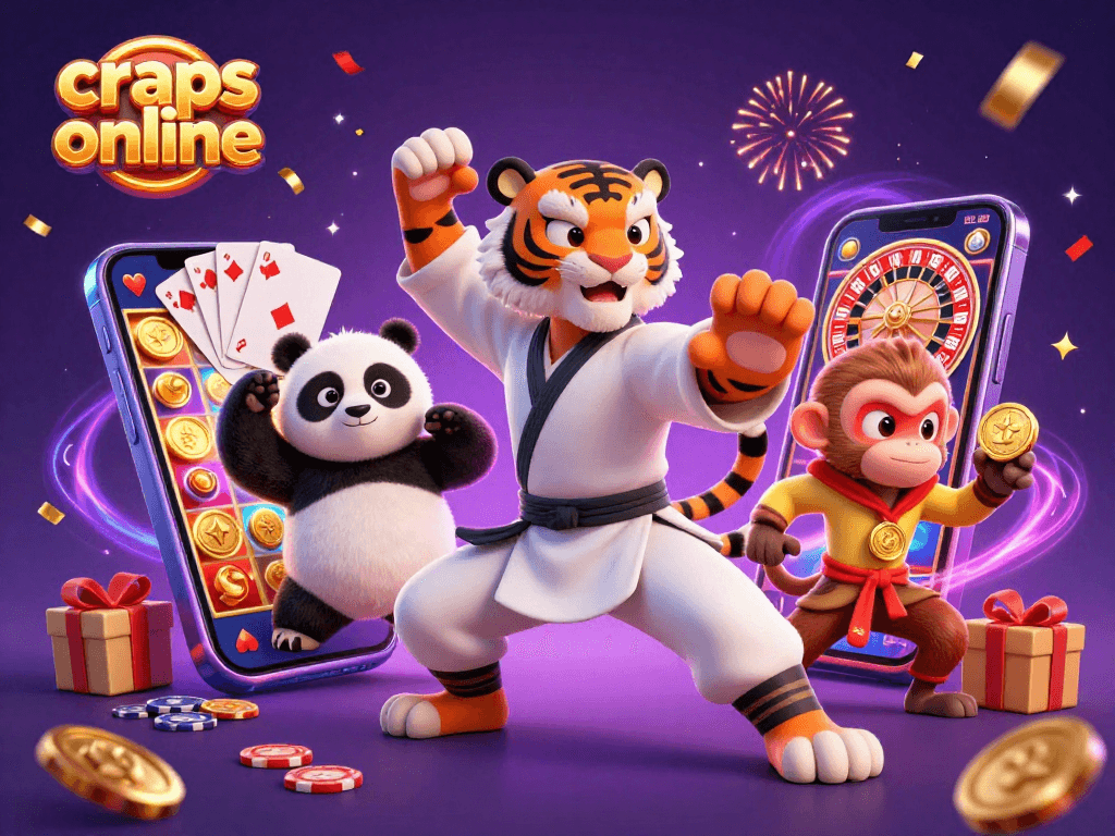 Experience craps online excitement with dynamic 3D cartoon characters amidst vivid casino elements.