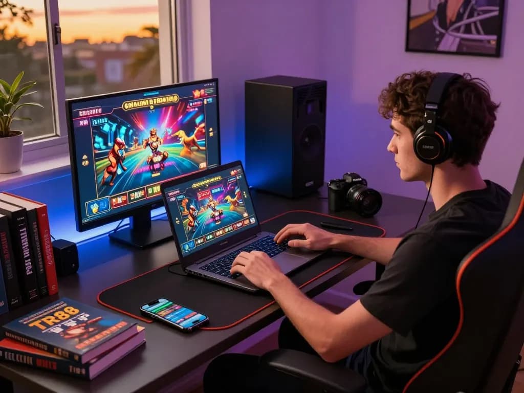 Engaging gamer experiencing TR88 online casino games on a modern laptop in stylish home setup.